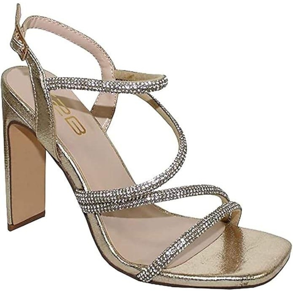 X2B Womens Silver Rhinestone Strappy Square Toe Block Heel Size 6